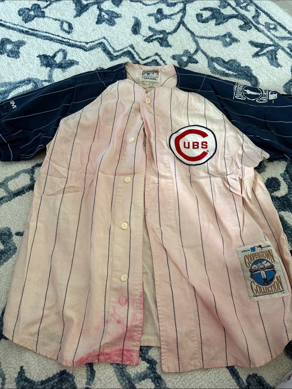 Chicago Cubs Pink & Navy Pinstripe Baseball Jersey - Cooperstown Collection